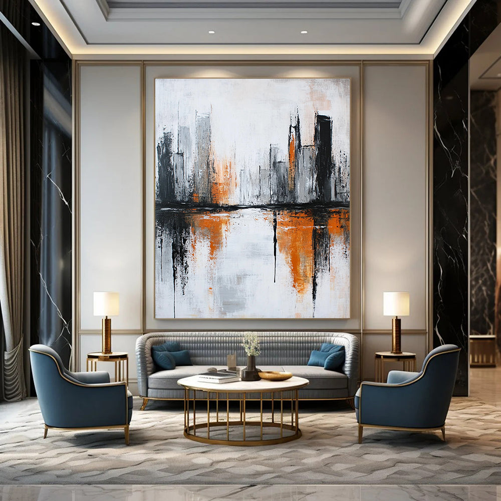 Grey and Orange Cityscape Abstract for Urban Penthouse Living Room & High - End Hotel Lobby STSC406