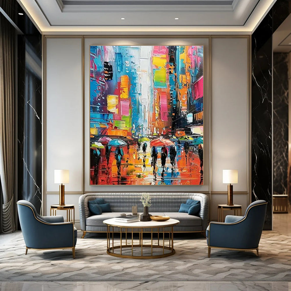 Colorful City Rain Scene Art for Contemporary Café & Urban Art Lover’s Home DLZ1555