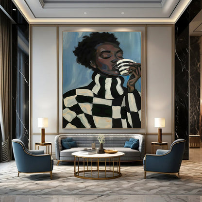 Black - White Checkered Figure Drinking Art for Café Corner & Modern Kitchen DLZ0701
