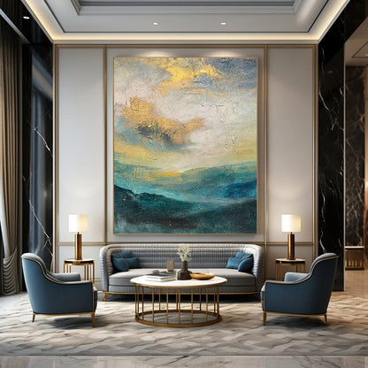 Gold - Blue Landscape - Inspired Abstract Art for Coastal Villa & Art - Themed Café DLZ1901