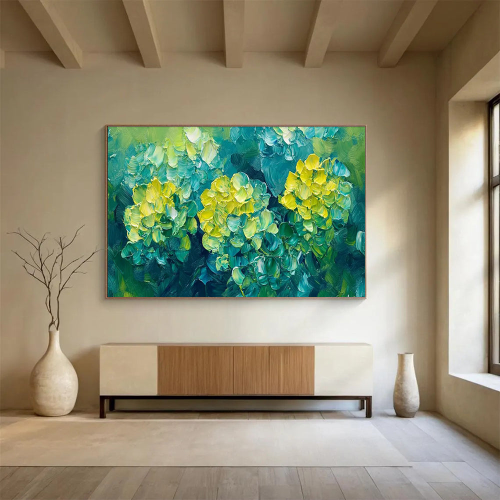 Blue - Green Floral Oil Painting for Tropical - Themed Resort Poolside Cabanas DLZ3183