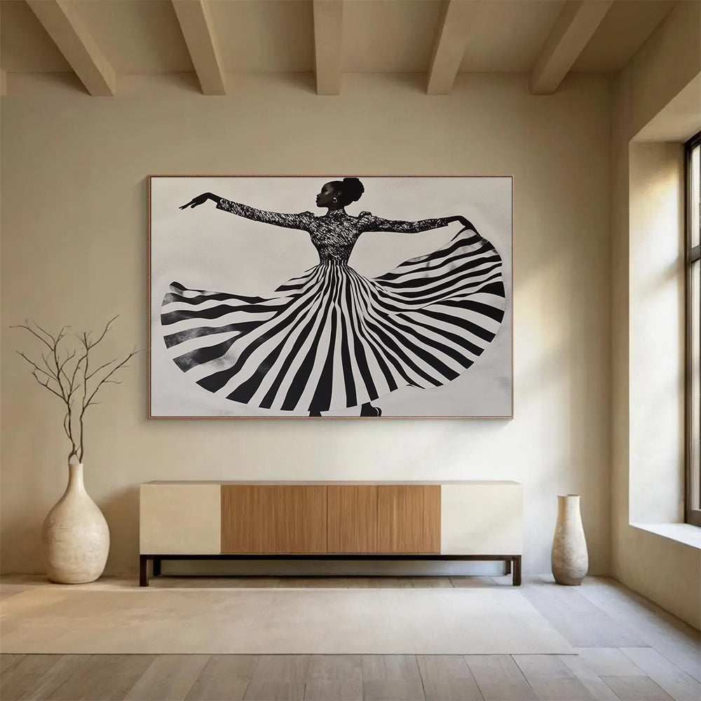 Dancing Figure in Striped Skirt Art for Fashion Boutique & Dance Studio SC426