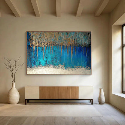 Blue and Gold Drip Art for Luxury Bathroom & Upscale Hotel Lobby SC346