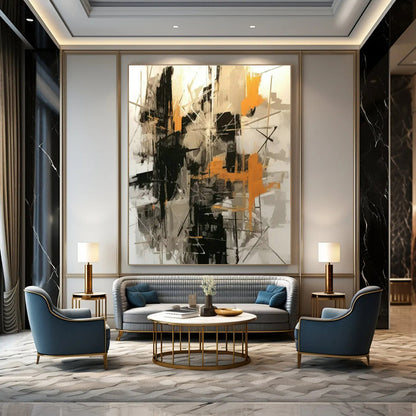 Black - White - Orange Abstract Art for Industrial - Chic Café & Edgy Home Studio DLZ1703