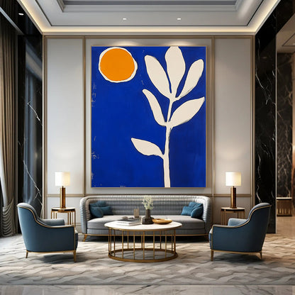 Blue Background with Orange Circle and White Leaf Art for Modern Bedroom & Eco - Friendly Store STSC1316