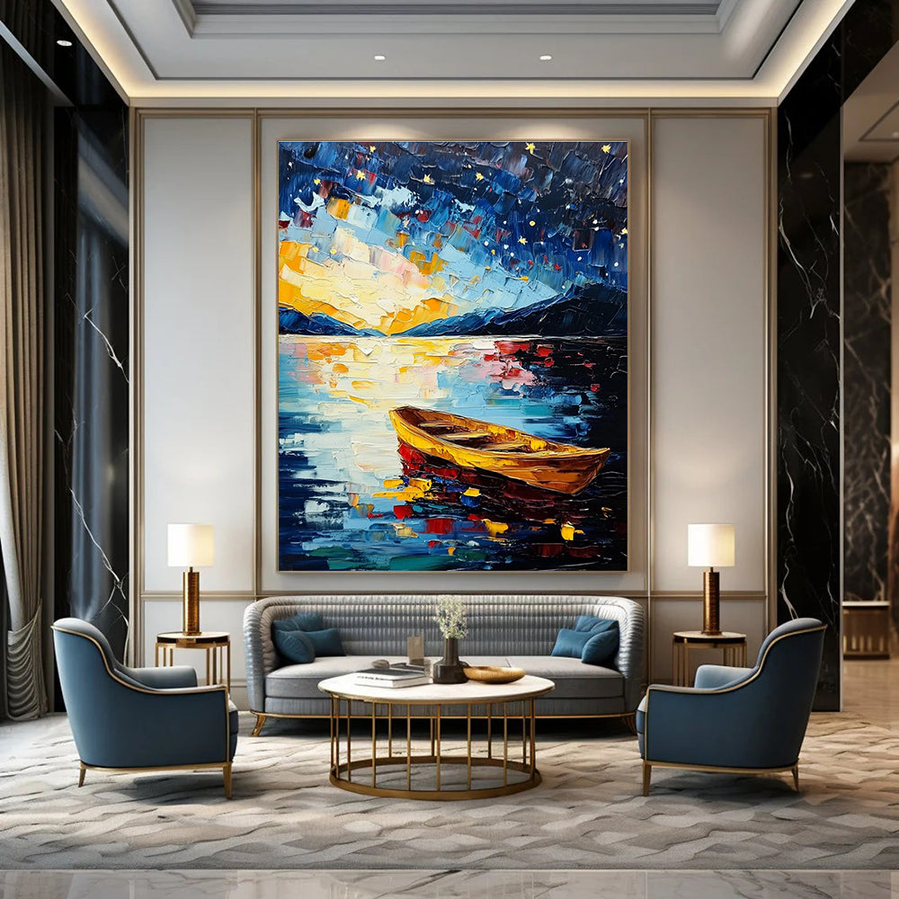 Starry Night Boat on Lake for Romantic Bedroom & Art Gallery Exhibition STSC877