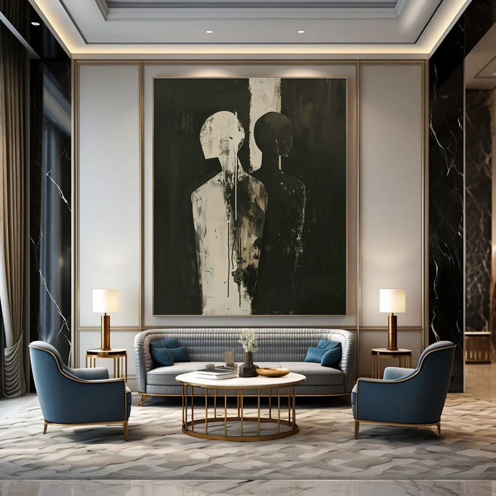 Black - White Double Figure Abstract Art for Modern Theater Lobby & Art - Themed Bar DLZ1828