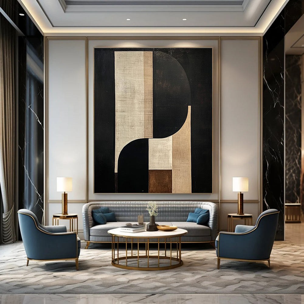 Abstract Geometric Shapes in Black and Beige Art for Minimalist Home Entryway & Modern Art Museum STSC1058