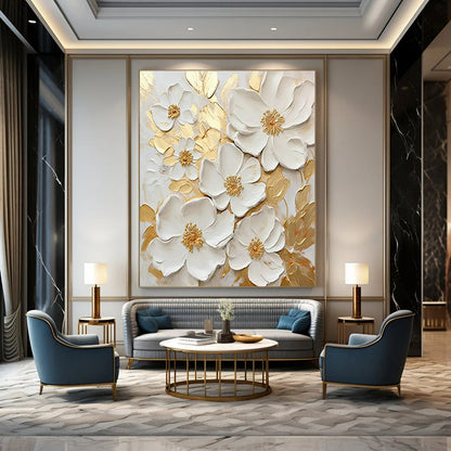 3D Floral Gold - White Art for Luxury Wedding Venue & Elegant Home Entryway DLZ1503