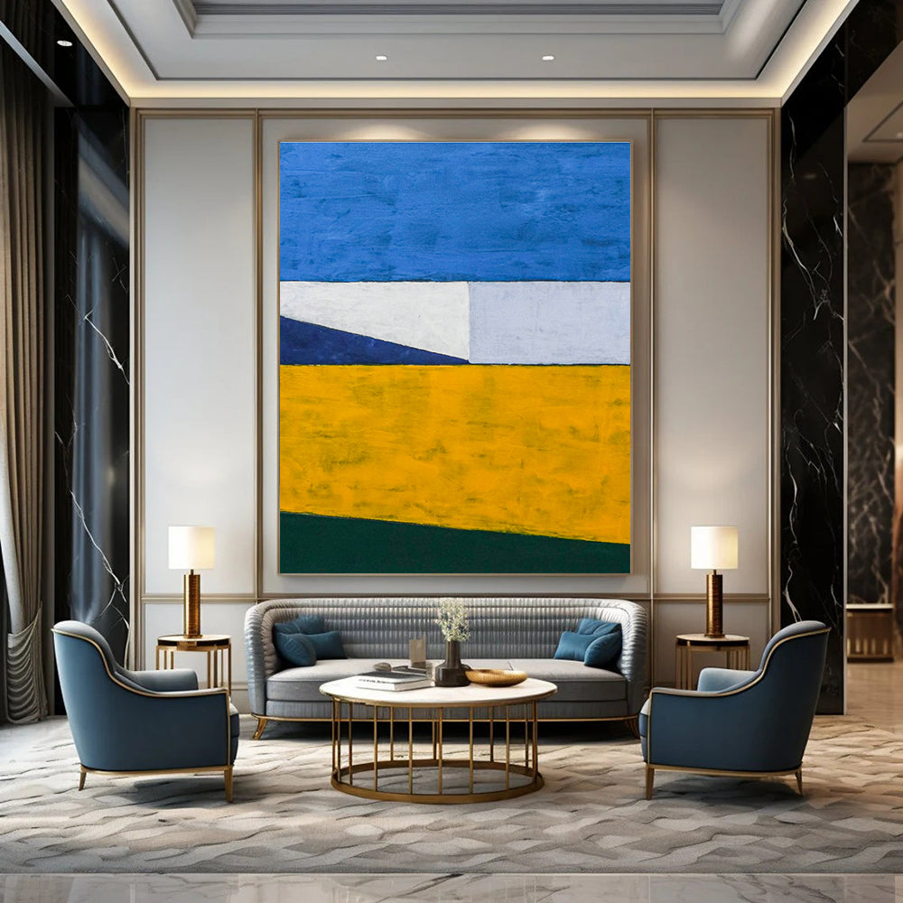 Blue - White - Yellow Geometric Abstract Art for Beach House & Home Sunroom DLZ1103