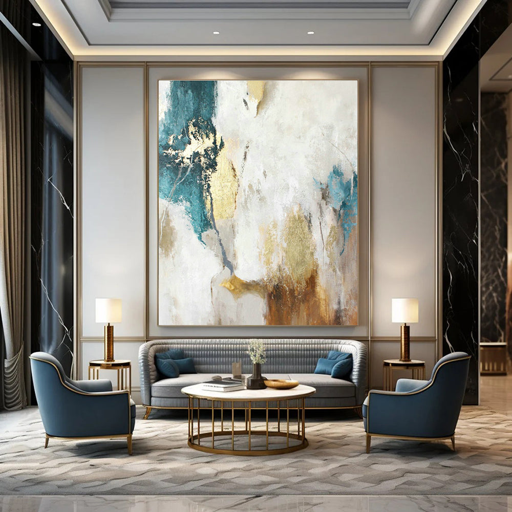 White - Gold - Blue Abstract Art for Bedroom & Living Room DLZ0401