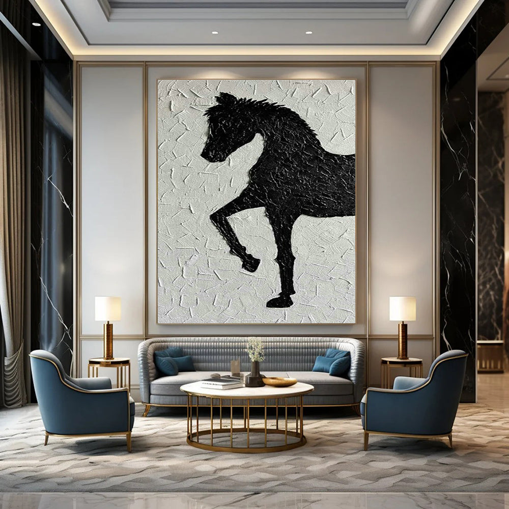Black Horse Silhouette Textured Art for Equestrian Center & Rustic Home Office DLZ1981