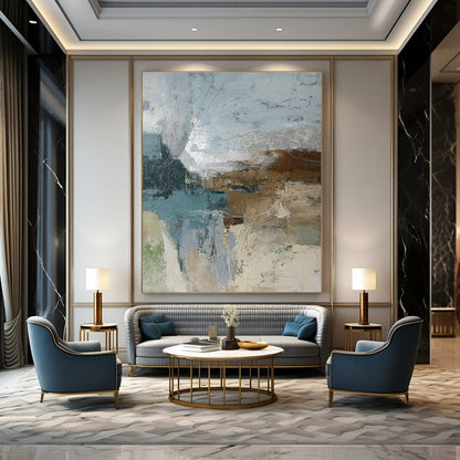 Blue, Brown, and Gray Abstract Art for Lakeside Cabin Living Room & Outdoor Adventure Club DLZ1019