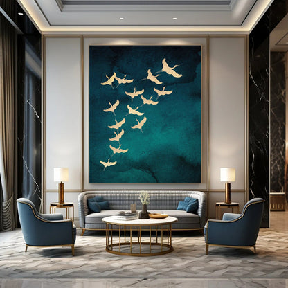 Golden Cranes in Flight Art for Living Room & Bedroom DLZ0389