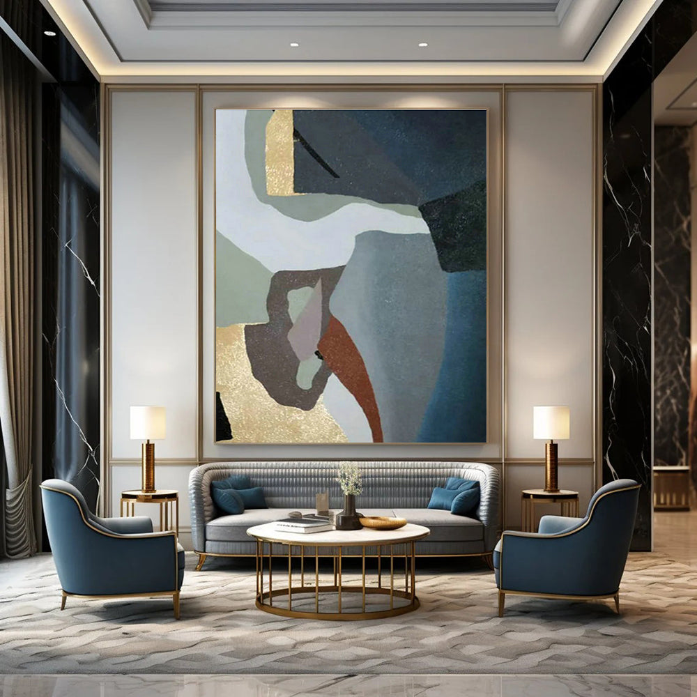 Geometric Abstract Art with Gold, Brown & Blue for Hotel Lobby & Villa Corridor DLZ0563