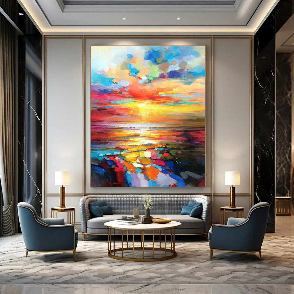 Vibrant Sunset Sea Oil Painting for Beachfront Resort & Nautical - Themed Restaurant DLZ1071