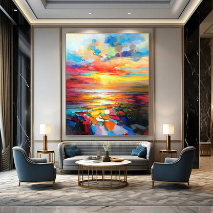 Vibrant Sunset Sea Oil Painting for Beachfront Resort & Nautical - Themed Restaurant DLZ1071