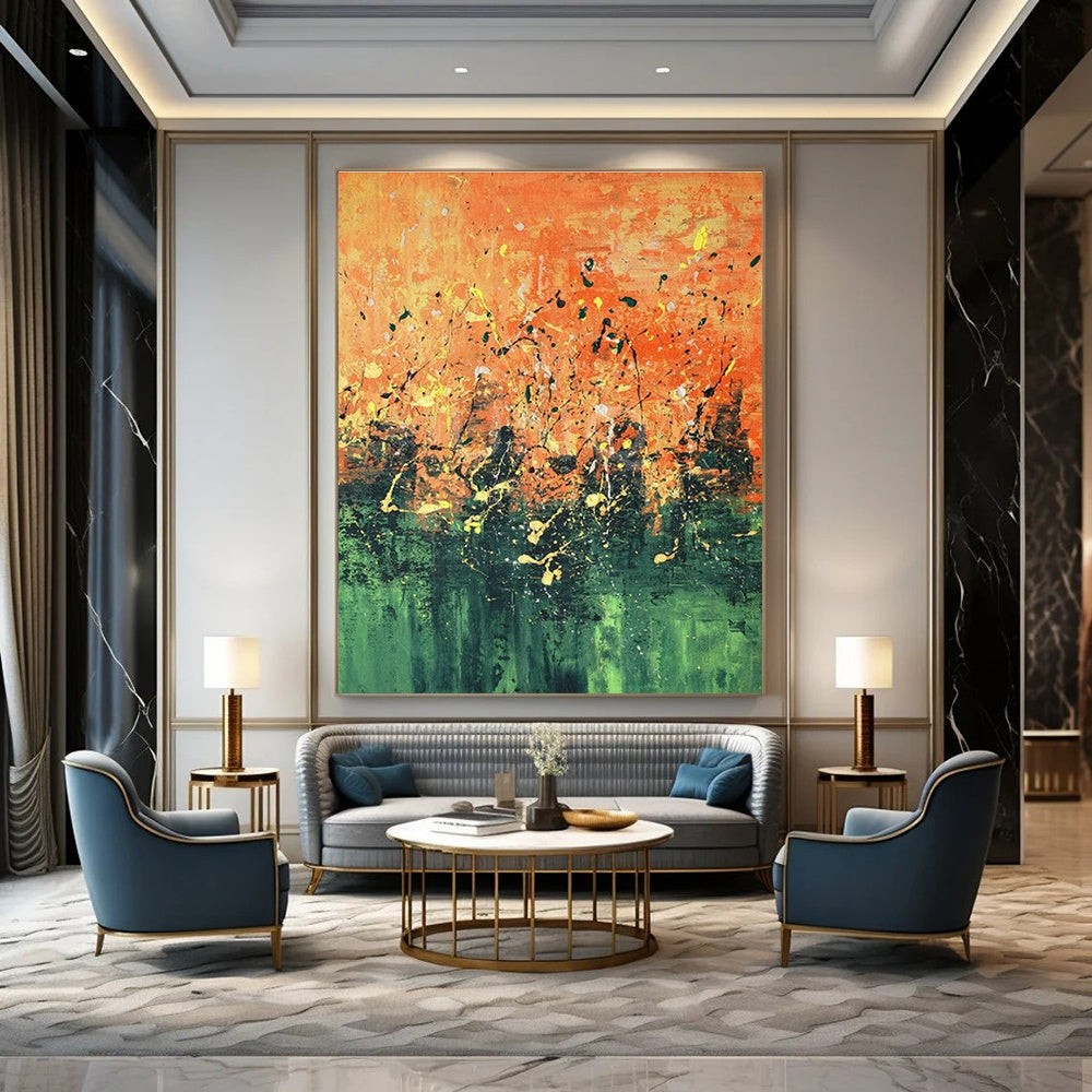Orange - Green Splatter Abstract Art for Living Room & Art Studio DLZ0445