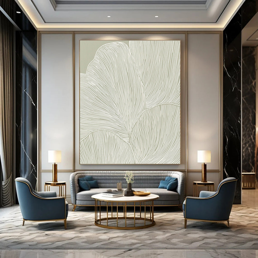 Line - Drawn Leaves on Green Minimalist Botanical Art for Scandinavian - Style Home & Calm Home Office STSC1483