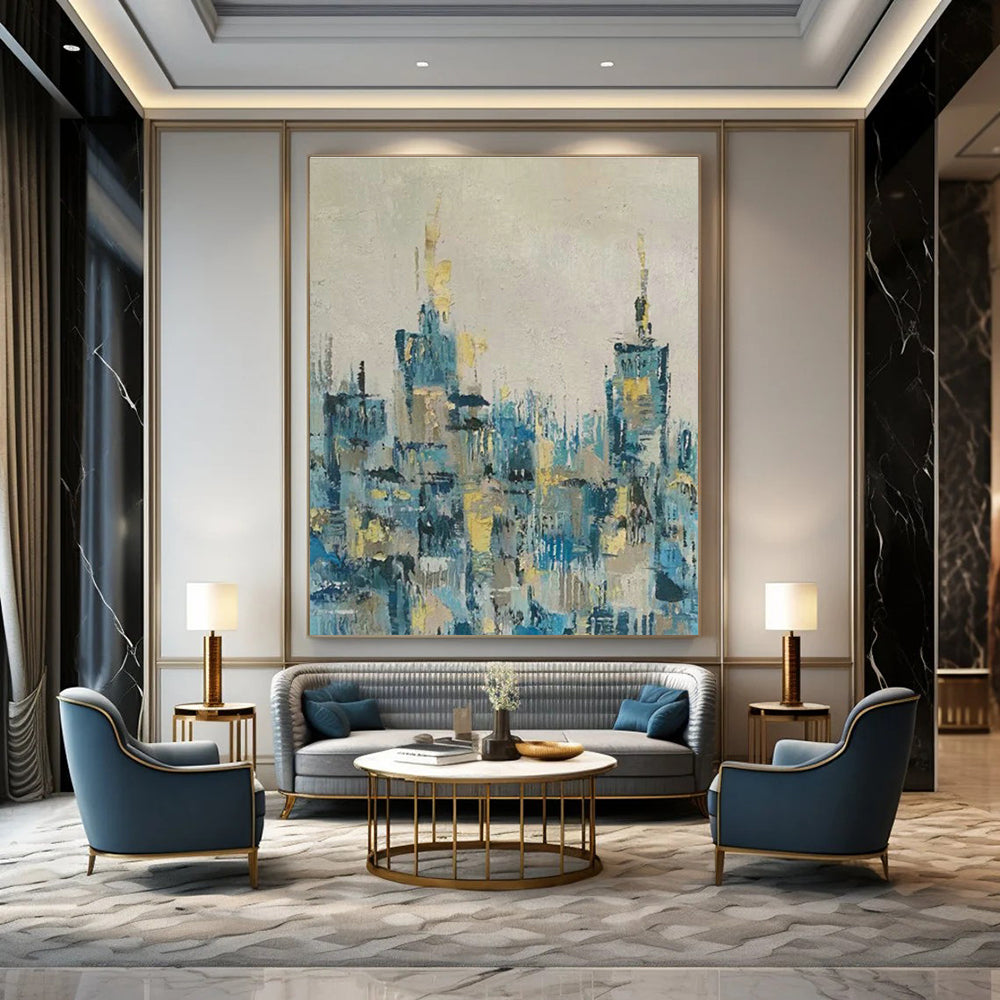 Blue - Gold Cityscape Abstract Art for Urban - Themed Bar & Metropolitan Home DLZ0778
