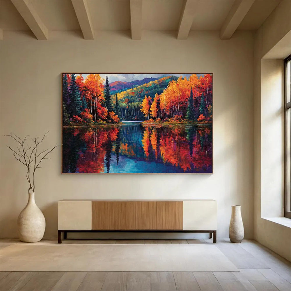 Autumn Lake Reflection Art for Mountain Lodge Living Rooms DLZ3202