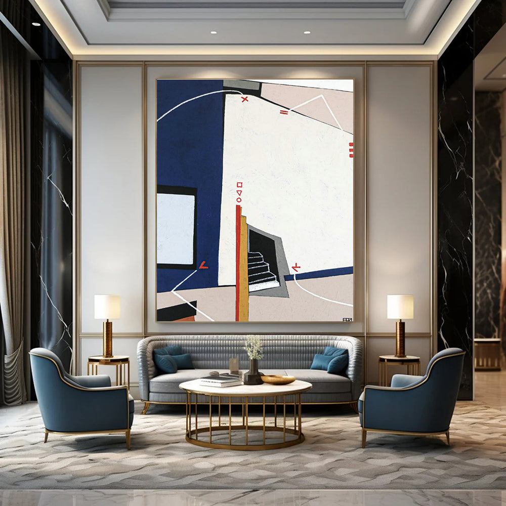 Blue - White - Red Geometric Abstract Art for Architectural Firm & Home Library DLZ1113