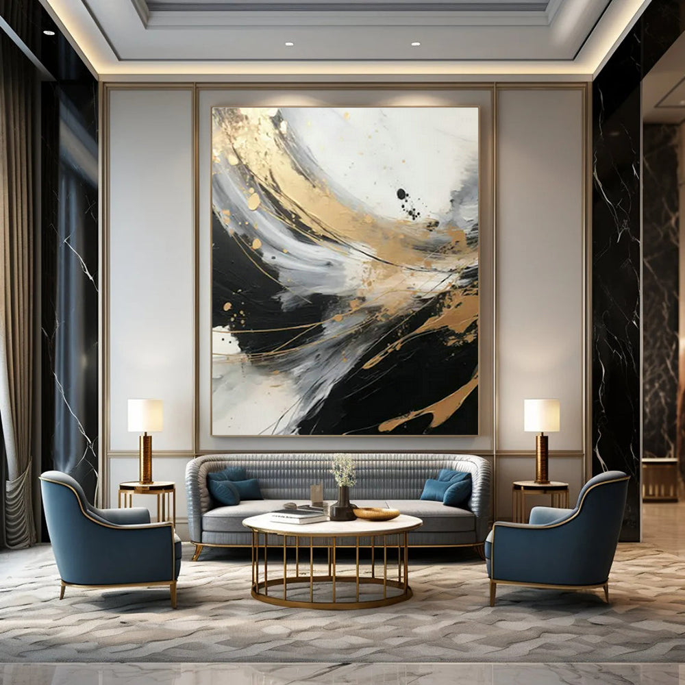 Black - Gold - Silver Abstract Art for Trendy Nightclub & Modern Home Office DLZ1732
