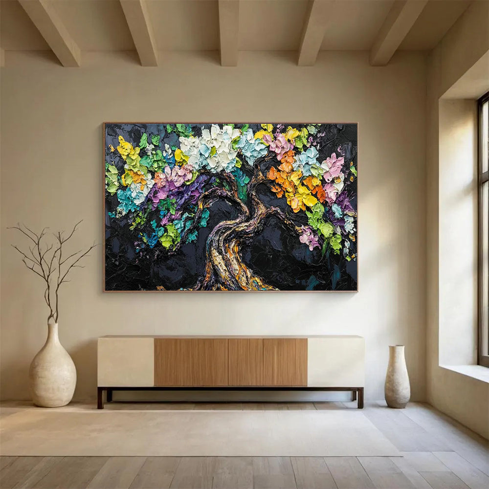 Colorful Tree Black Background Art for Eclectic Home Library Accent Walls DLZ3209