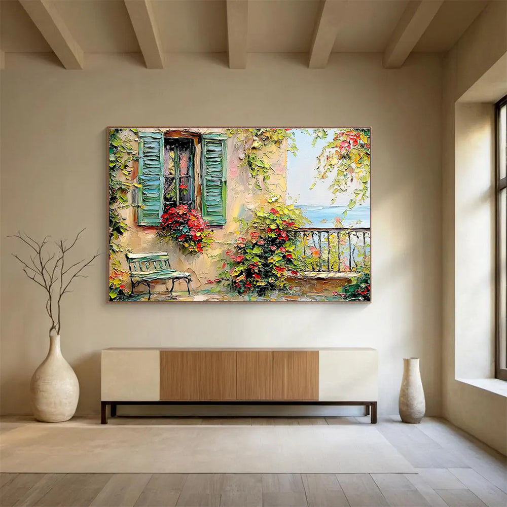 Coastal Cottage with Flower Boxes Art for Charming Nautical - Themed Cafés DLZ3076