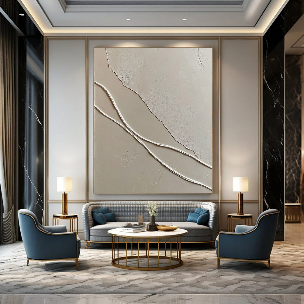 Minimalist White Lines on Beige for Scandinavian - Style Living Room & Contemporary Art Gallery STSC941