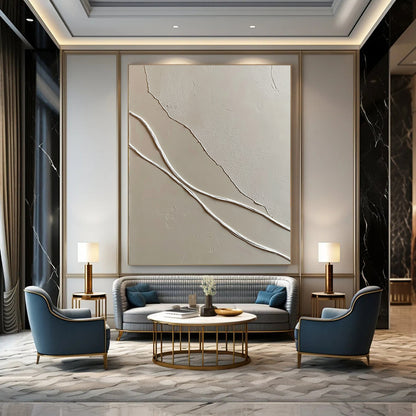 Minimalist White Lines on Beige for Scandinavian - Style Living Room & Contemporary Art Gallery STSC941