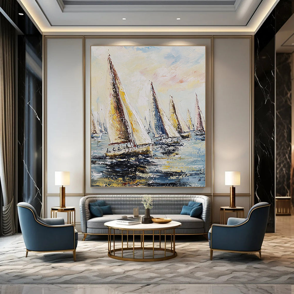 Fleet of Sailboats on the Sea Art for Nautical Clubhouse & Adventure - Themed Living Room STSC1421