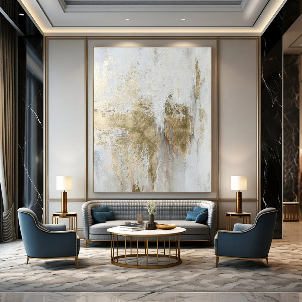 White and Gold Abstract Textured Art for Coastal Villa Bedroom & Upscale Spa Retreat DLZ1013