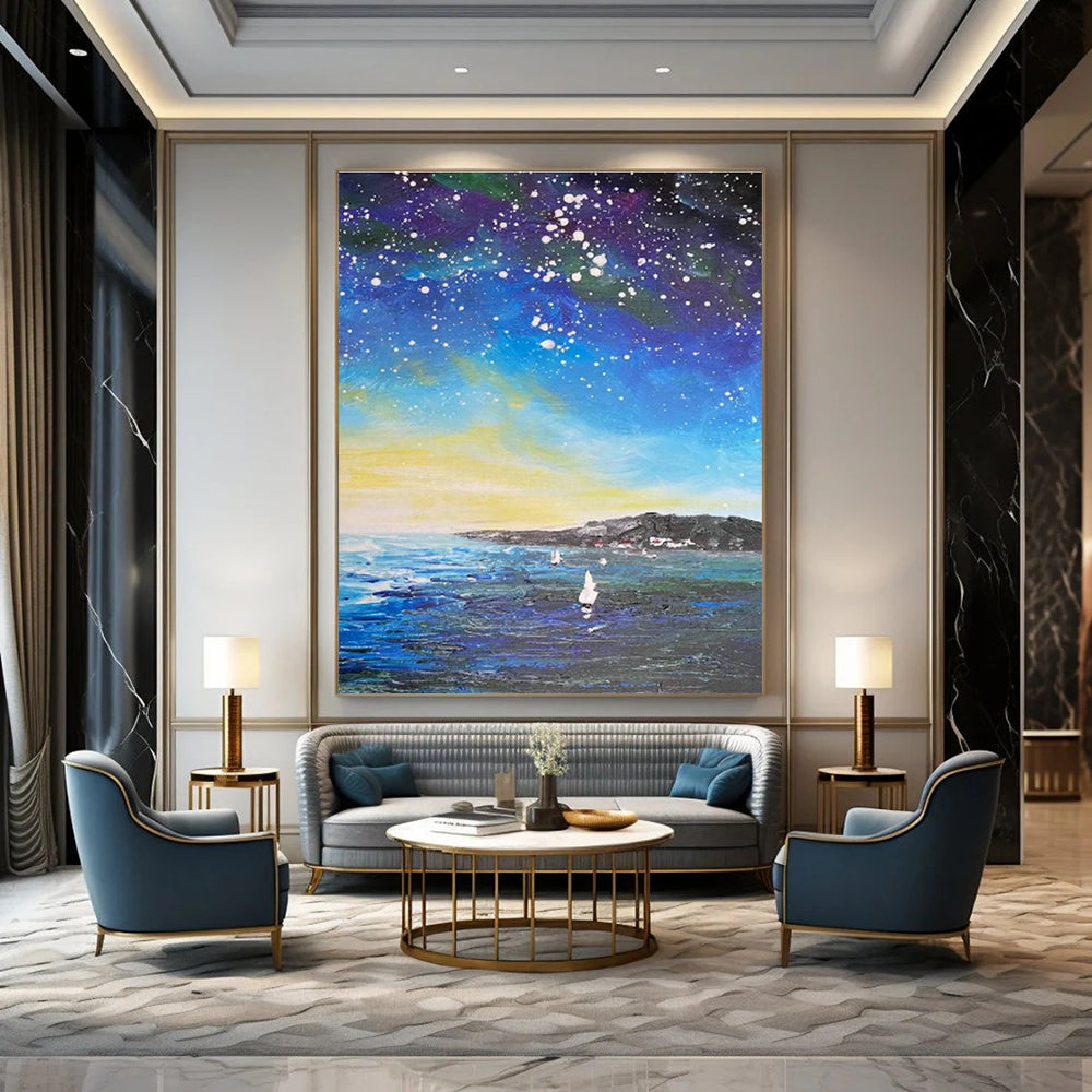 Starry Night Sea Oil Painting for Living Room & Cottage DLZ0347