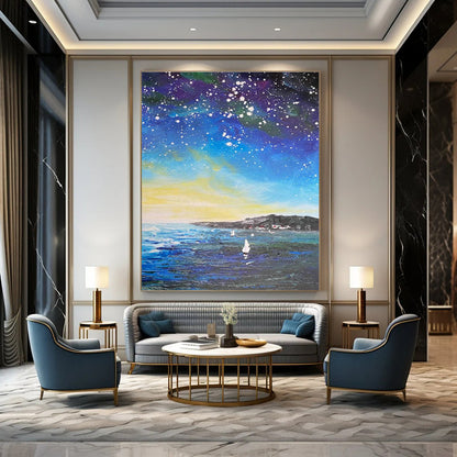 Starry Night Sea Oil Painting for Living Room & Cottage DLZ0347