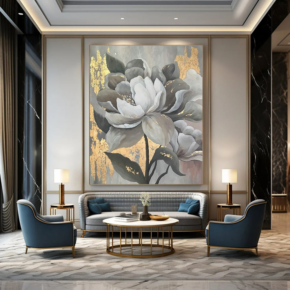 Gray - Gold Floral Art for Luxury Hotel Lobby & Elegant Dining Room DLZ2320