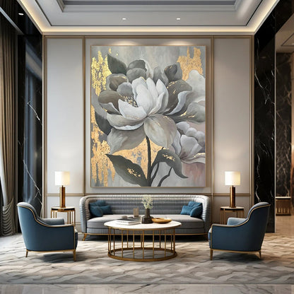 Gray - Gold Floral Art for Luxury Hotel Lobby & Elegant Dining Room DLZ2320