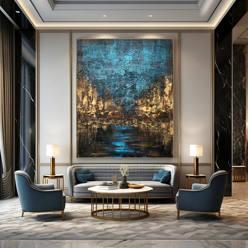 Blue and Brown Urban Nightscape Art for Industrial - Chic Loft & City - Themed Bar DLZ0744