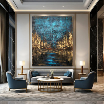Blue and Brown Urban Nightscape Art for Industrial - Chic Loft & City - Themed Bar DLZ0744