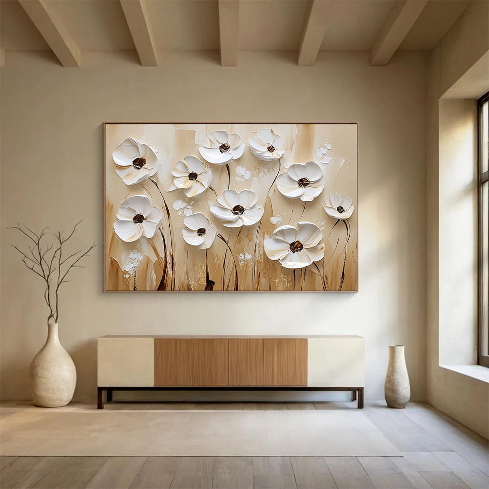 White Flowers on Beige Art for Minimalist Bedroom & Art Gallery SC003