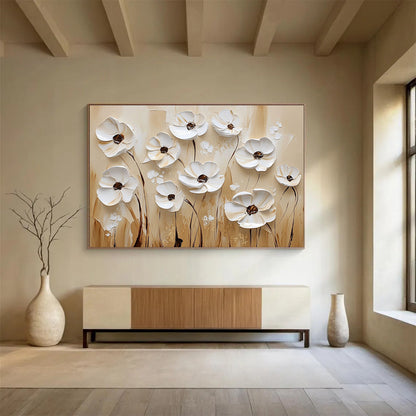 White Flowers on Beige Art for Minimalist Bedroom & Art Gallery SC003