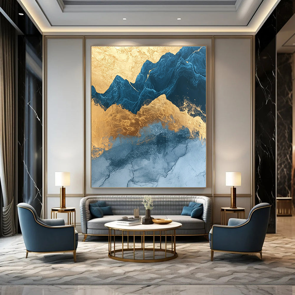 Blue and Gold Mountain Patterns Art for Luxury Hotel Suite & Asian - Inspired Restaurant STSC1312