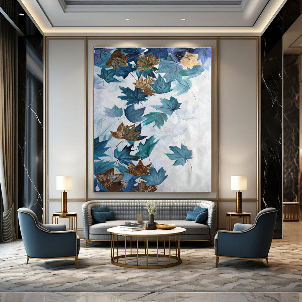 Blue - Gold Maple Leaf Abstract Art for Autumn - Themed Café & Nature - Lover’s Home DLZ0774