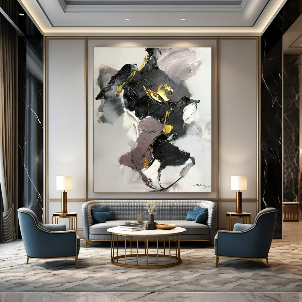 Black, Gray & Gold Abstract Art for Contemporary Dining Room & Urban Art Studio DLZ0822