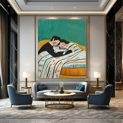 Couple with Cat on Green Sofa Art for Pet - Friendly Home & Cozy Café DLZ0699