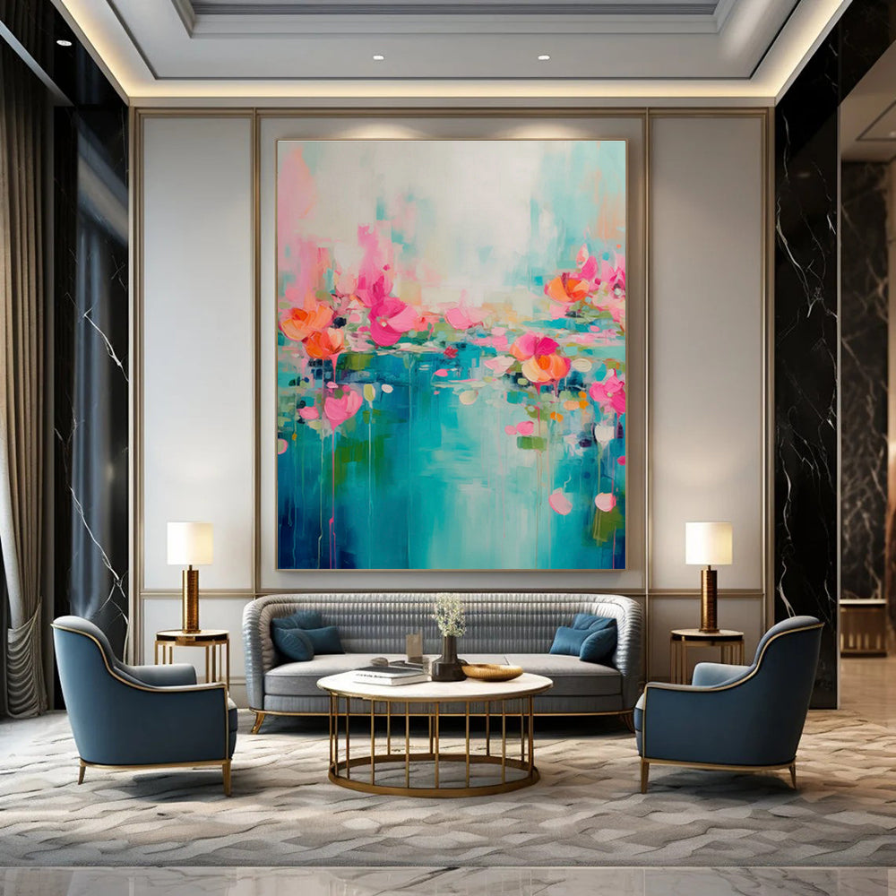 Blue - Pink Floral River Art for Bohemian Living Room & Coastal Café DLZ1000