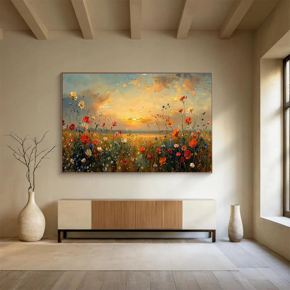 Sunset Flower Field Oil Painting for Romantic Outdoor - Themed Patios DLZ2641