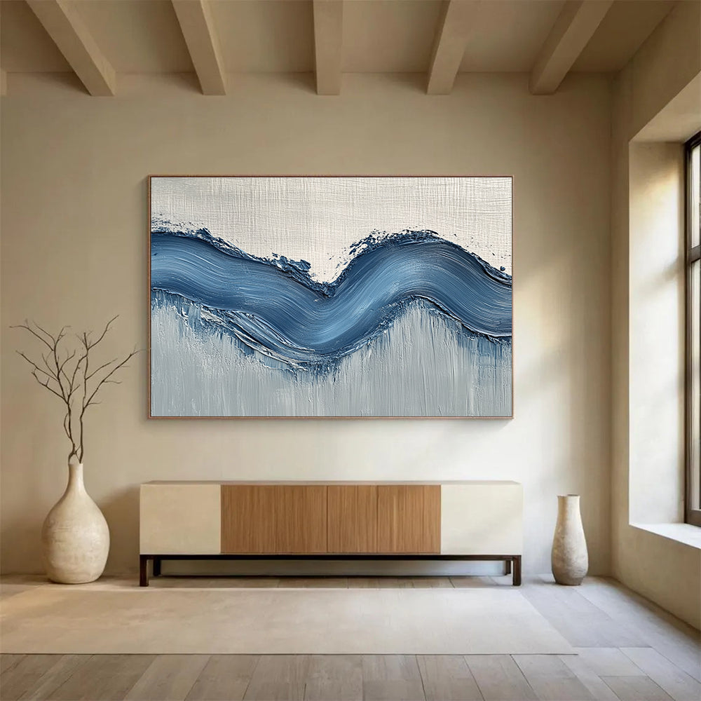 Thick Blue Wave on Gray Art for Nautical - Themed Café & Modern Hallway SC453