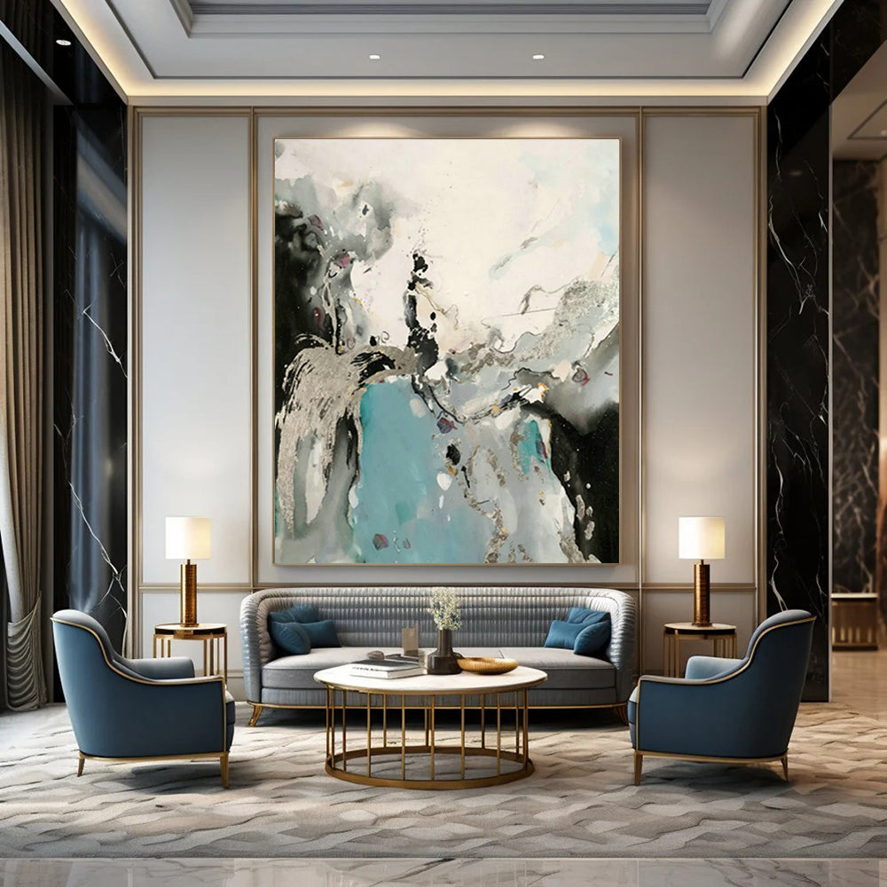 Silver - Blue Ink Abstract Art for Living Room & Home Office DLZ0555