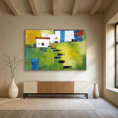 Abstract Village Scene Art for Rustic Home Living Room & Country - Style Café SC193